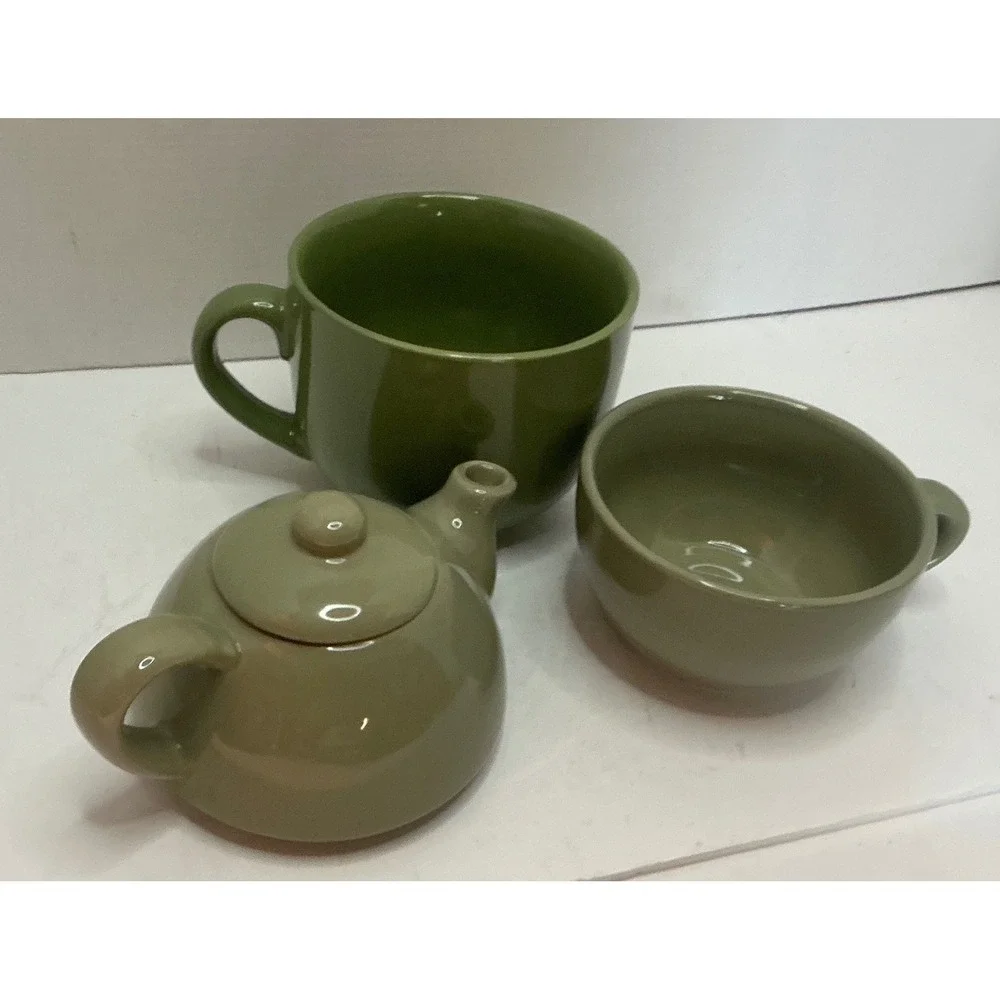 Pier 1 Tea for One Set Sage Green Ceramic Stackable Teapot and Cup Small Minimal